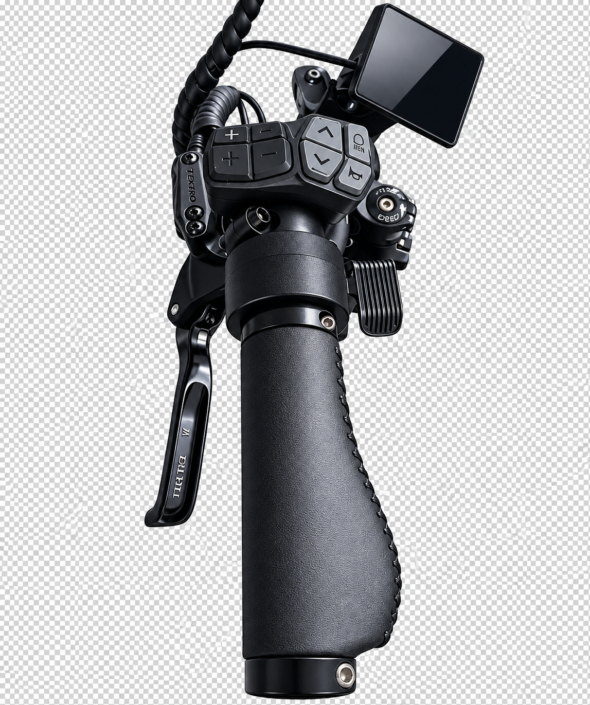 Black electric Bike handlebar grip assembly with integrated control buttons, a digital display screen, and a brake lever, isolated on a checkered transparency background.